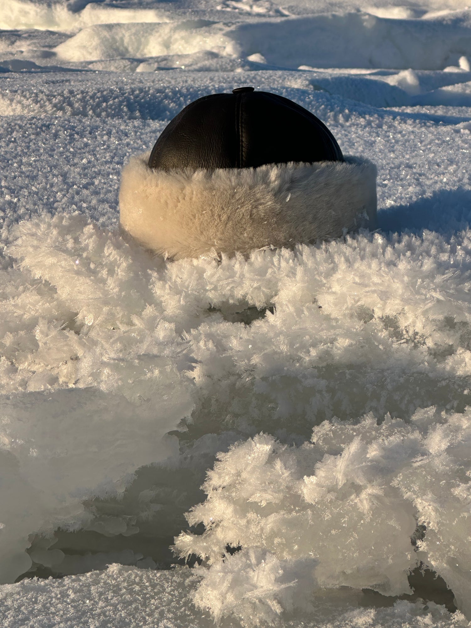 Black and white fur hat partially buried in snow